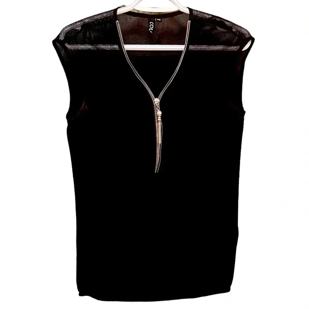 Colori Black Mesh Shoulder Sleeveless Top Jewel Tassel Zip Small